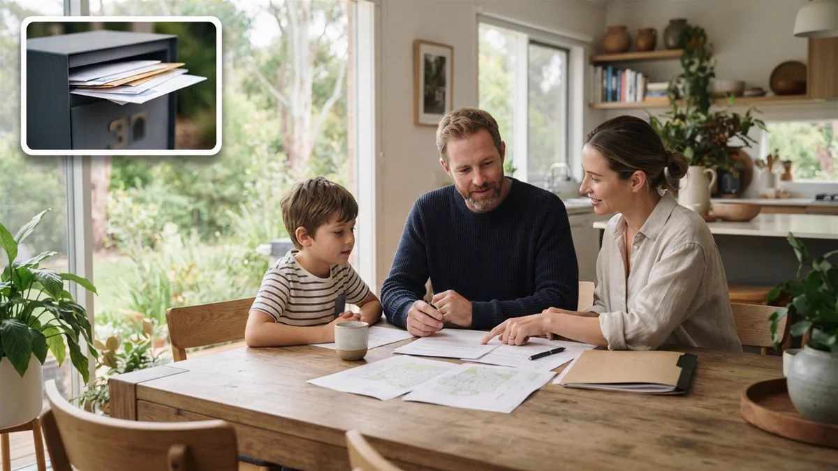A family sitting at a dining table with property documents spread in front of them